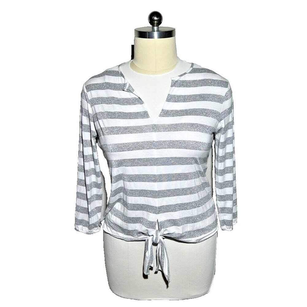 Vilagallo Sweater Size L Women's Front Tie Silver Striped Yacht Shirt